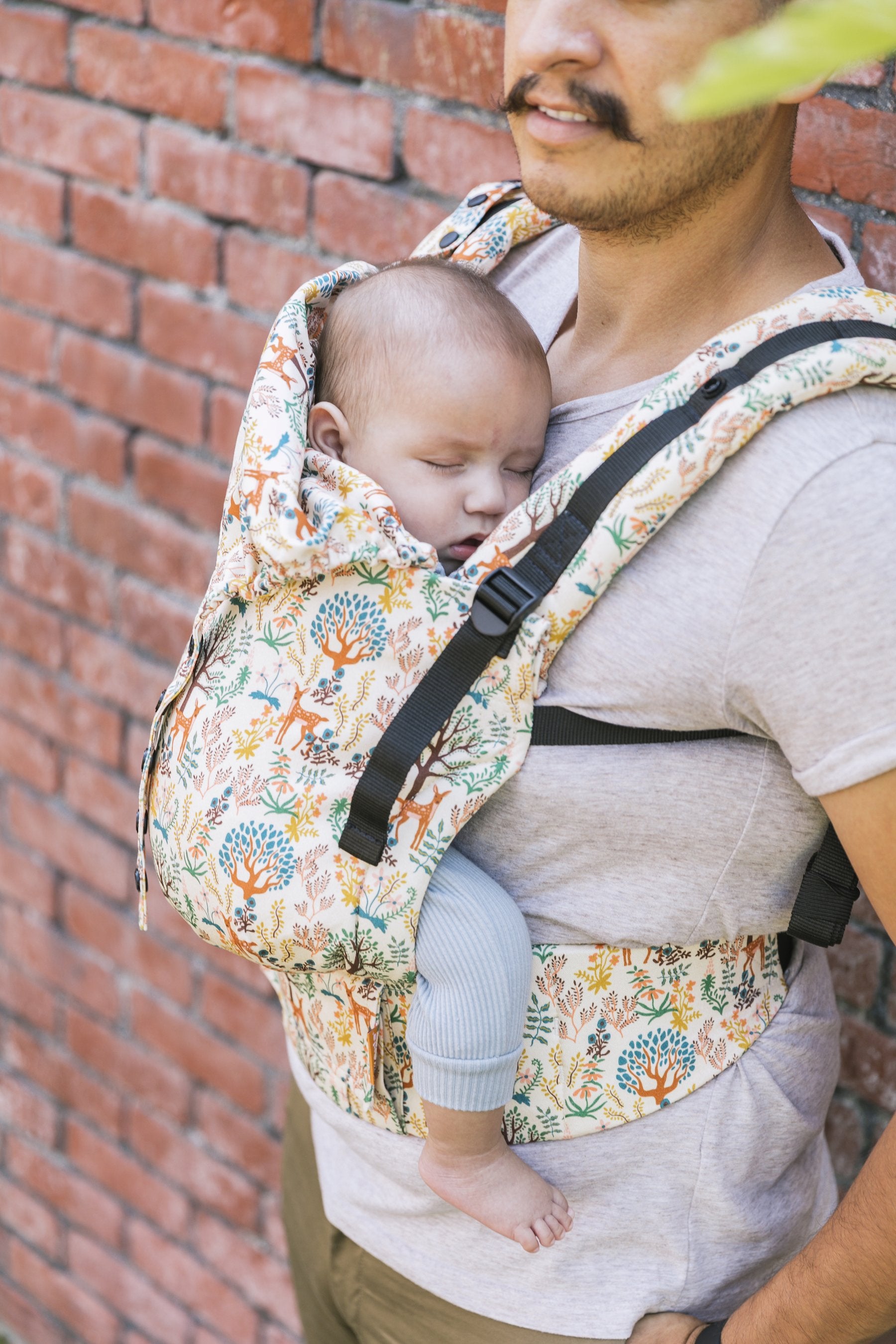 Tata nosi niemowlę w nosidełku Tula-Free-to-Grow Charmed w pozycji  przodem do rodzica.